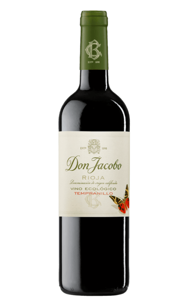 Botella del vino tinto ecológico y vegano Don Jacobo. Vino de la Rioja.